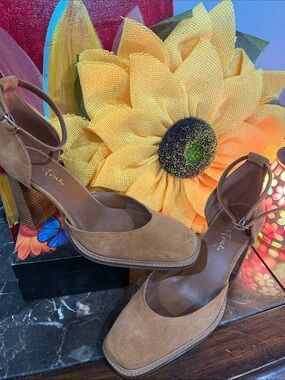 Tan Suede Block Heel Pumps with Ankle Strap